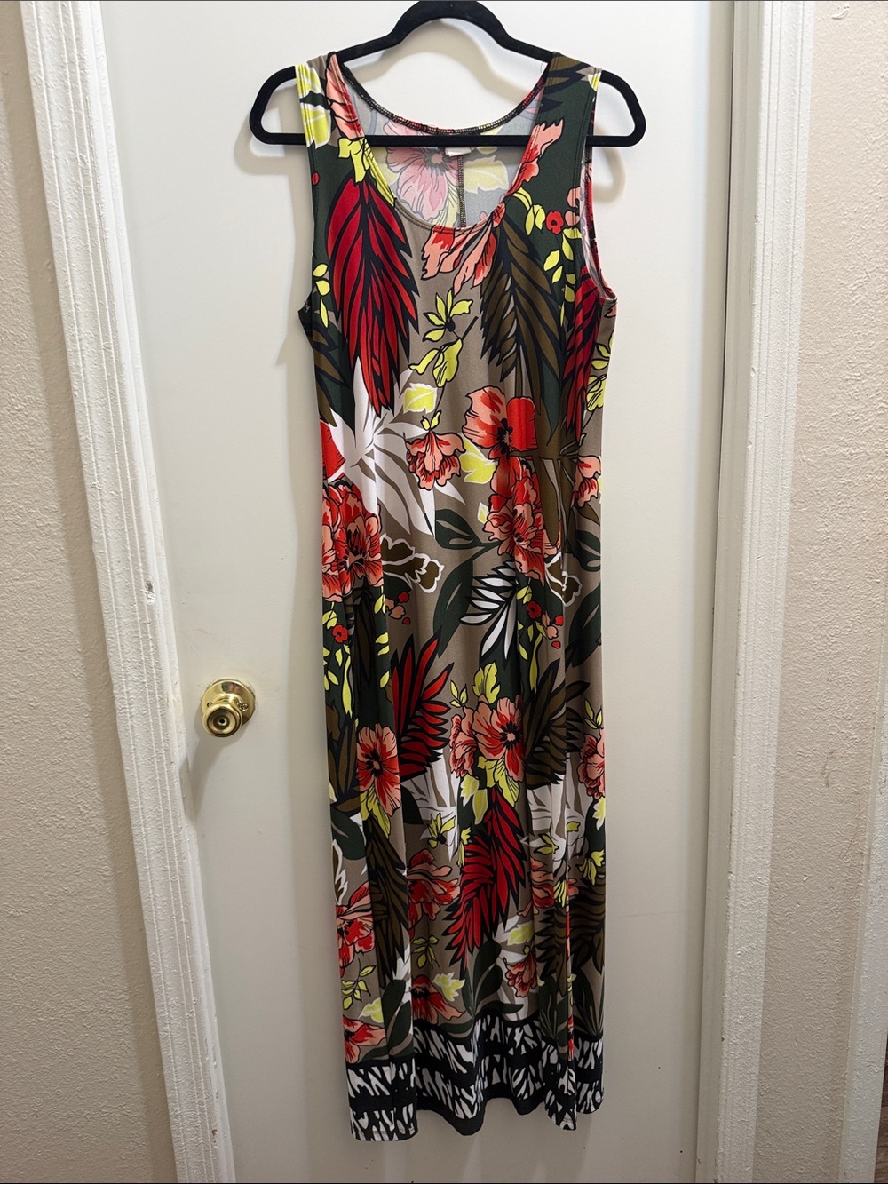 MSK Floral Sleeveless Maxi Dress in Red, Olive, and Tan